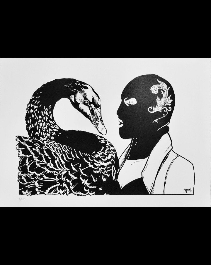 Print "Femme et cygne noir" par Veneno