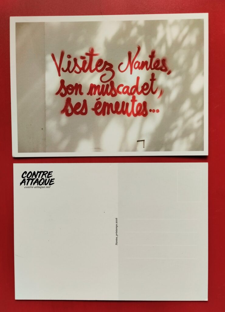 Carte postale "Visitez Nantes, son muscadet, ses émeutes"